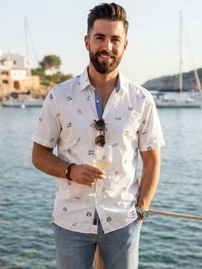 Abito White Nautical Print Button-Up Shirt - Size Large Boats Coastal Cotton
